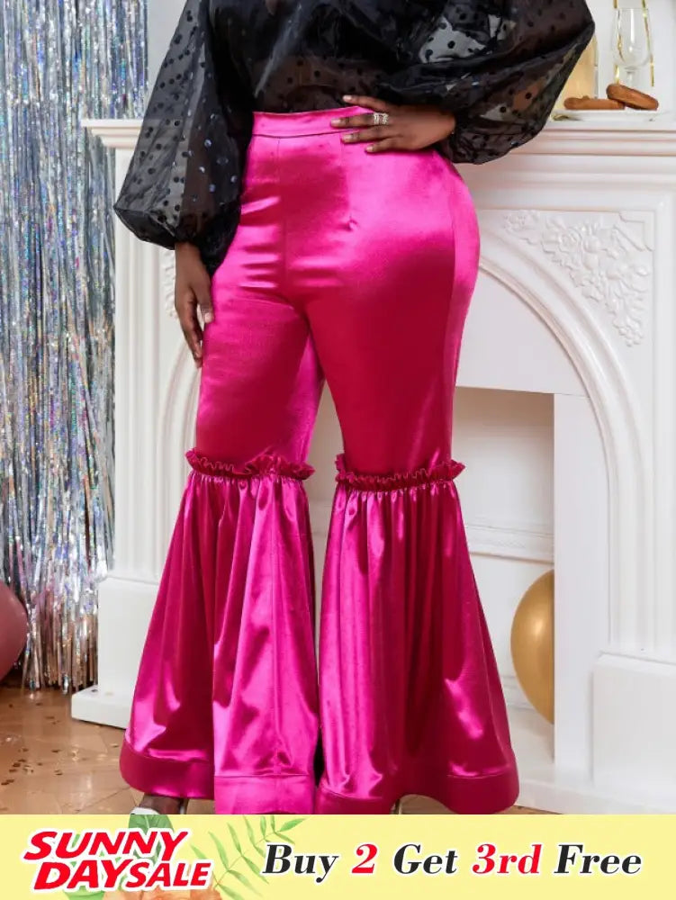 Women‘s Fuchsia Elastic Satin Flare Pants Shiny