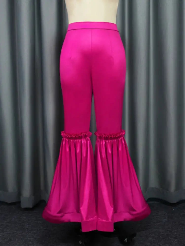 Women‘s Fuchsia Elastic Satin Flare Pants Shiny