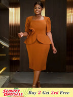 DRESS 3D Floral Solid Color Dress Square Neck Long Sleeved