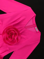 DRESS 3D Flower Midi Dress V Neck Long Sleeves Peplym High Waist