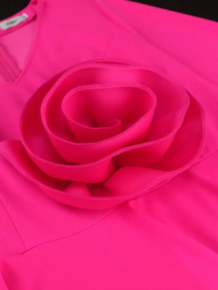 DRESS 3D Flower Midi Dress V Neck Long Sleeves Peplym High Waist