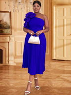 DRESS 3D Flower One Shoulder Pleated Summer Cocktail Dress