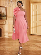 DRESS 3D Flower One Shoulder Pleated Summer Cocktail Dress