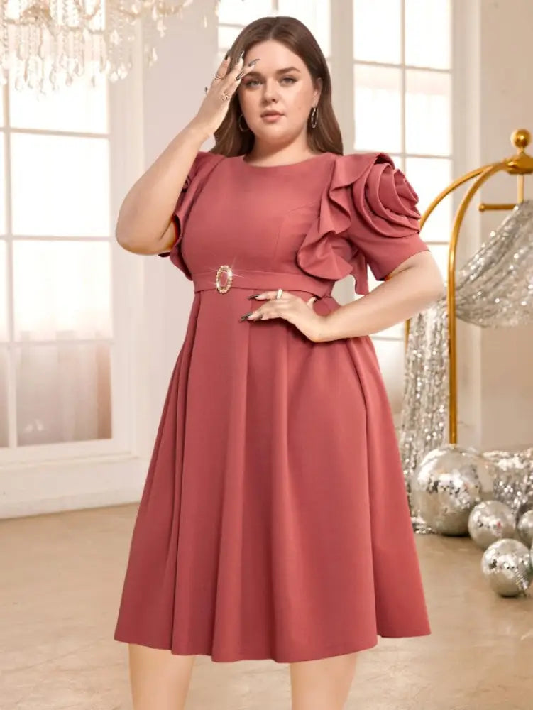 DRESS 3D Flower Sleeve Midi Dress O Neck High Waist Cameo Brown