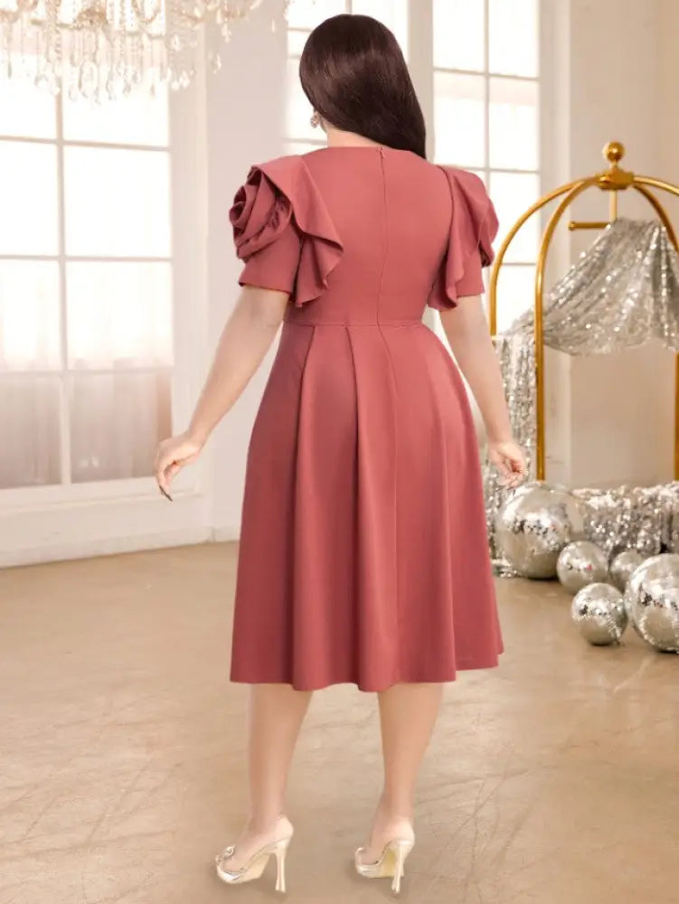 DRESS 3D Flower Sleeve Midi Dress O Neck High Waist Cameo Brown
