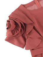 DRESS 3D Flower Sleeve Midi Dress O Neck High Waist Cameo Brown
