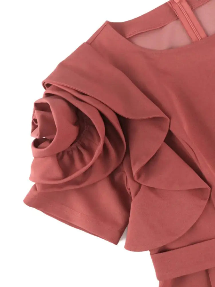 DRESS 3D Flower Sleeve Midi Dress O Neck High Waist Cameo Brown