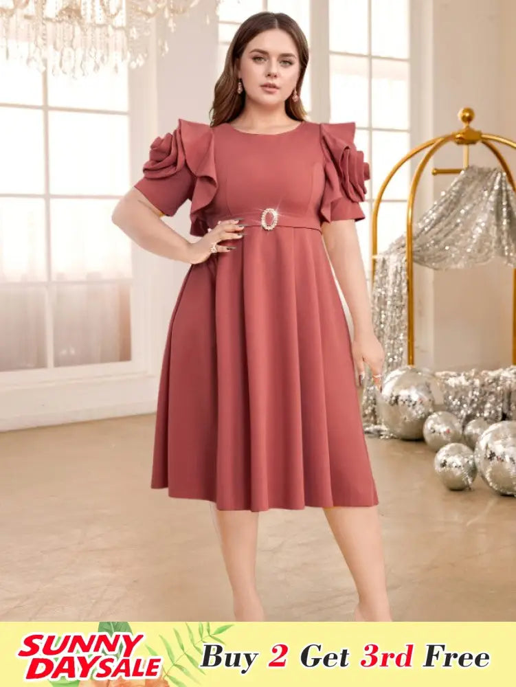 DRESS 3D Flower Sleeve Midi Dress O Neck High Waist Cameo Brown