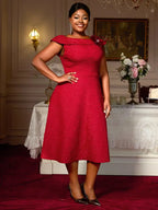 DRESS 50s Swing Dress Boat Neck A Line Plus Size Red Prom Dress