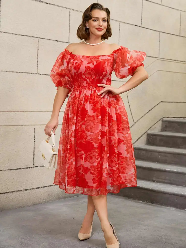 DRESS 50s Swing Dress Off Shoulder Puff Sleeve Floral A Line Birthday Outfits