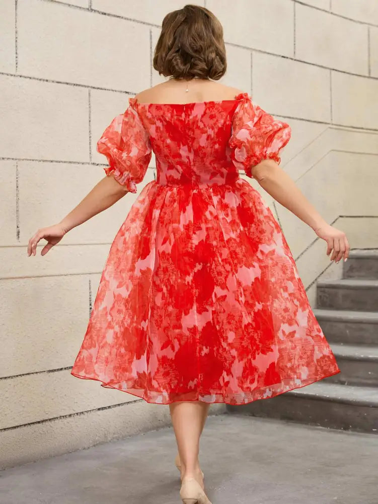 DRESS 50s Swing Dress Off Shoulder Puff Sleeve Floral A Line Birthday Outfits