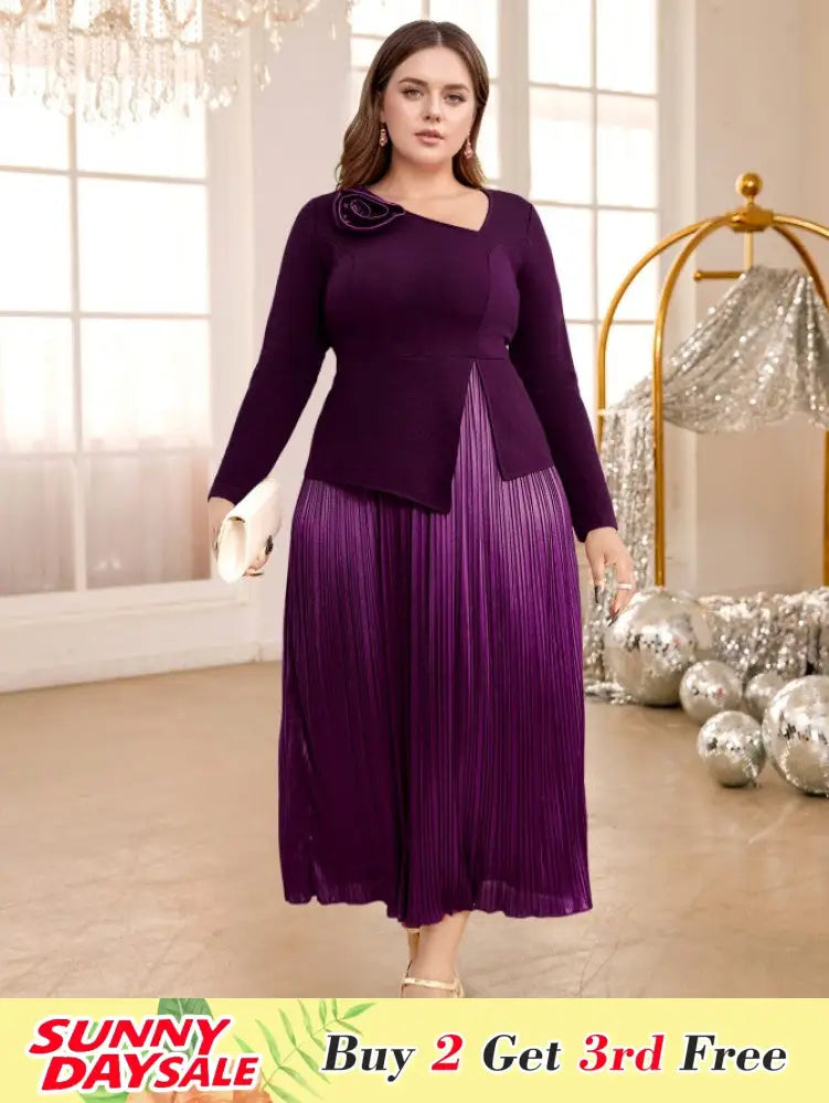 DRESS A Line Dress Asymmetrical Neck 3D Flower Patchwork Pleated