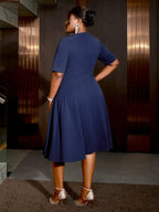 DRESS A Line Dress Navy Asymmetrical Neck Short Sleeve Pleated