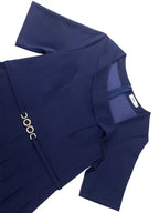 DRESS A Line Dress Navy Asymmetrical Neck Short Sleeve Pleated