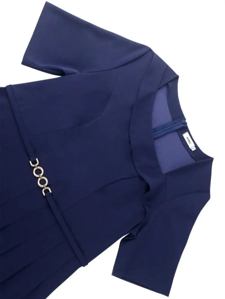 DRESS A Line Dress Navy Asymmetrical Neck Short Sleeve Pleated