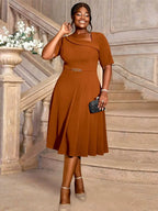 DRESS A Line Dress Navy Asymmetrical Neck Short Sleeve Pleated