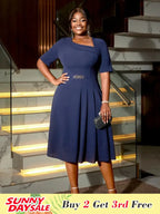 DRESS A Line Dress Navy Asymmetrical Neck Short Sleeve Pleated