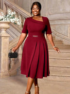 DRESS A Line Dress Navy Asymmetrical Neck Short Sleeve Pleated