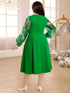 DRESS A Line Dress O Neck Beading Mesh Patchwork Lantern Sleeves