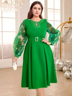 DRESS A Line Dress O Neck Beading Mesh Patchwork Lantern Sleeves