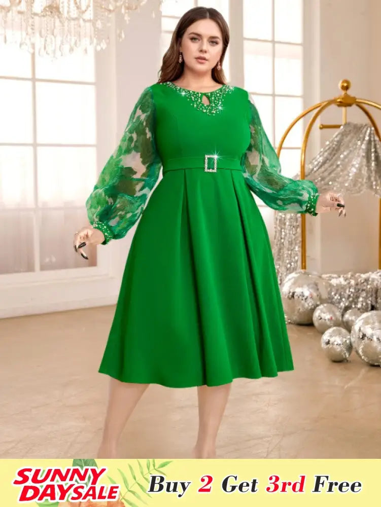 DRESS A Line Dress O Neck Beading Mesh Patchwork Lantern Sleeves