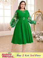 DRESS A Line Dress O Neck Beading Mesh Patchwork Lantern Sleeves