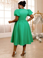 DRESS A Line Dress Short Sleeves Cut Out Chest Diamond Buckle