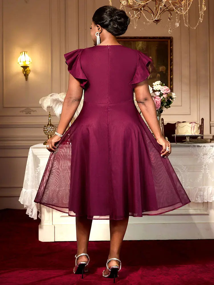 DRESS A Line Party Dresses Beading Ruffles Sleeves Lining With Waist Buckle Elegant Curve Ladies