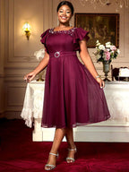 DRESS A Line Party Dresses Beading Ruffles Sleeves Lining With Waist Buckle Elegant Curve Ladies