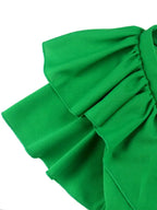 DRESS A Line Pleated Dress Green Slash Neck Short Sleeve Ruffles