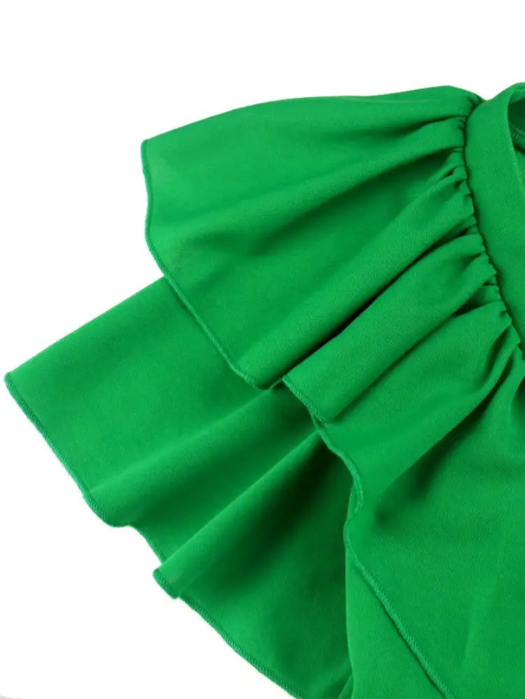 DRESS A Line Pleated Dress Green Slash Neck Short Sleeve Ruffles