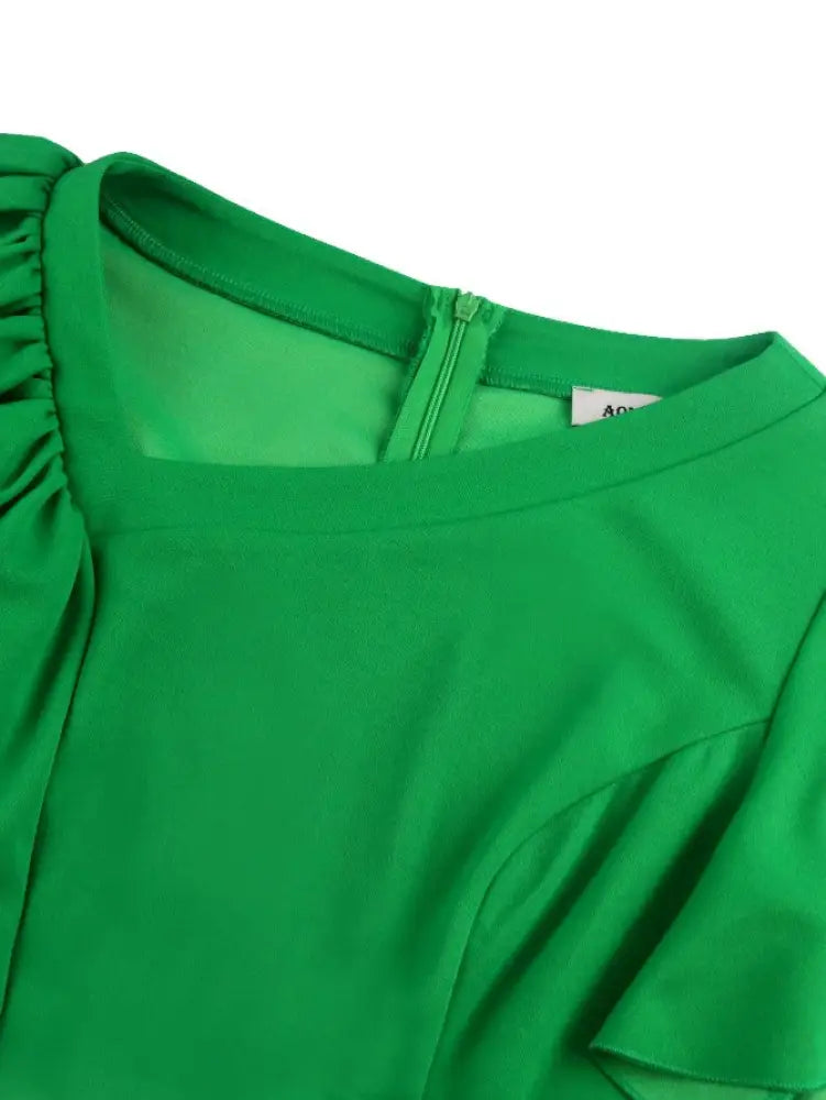 DRESS A Line Pleated Dress Green Slash Neck Short Sleeve Ruffles