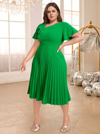 DRESS A Line Pleated Dress Green Slash Neck Short Sleeve Ruffles
