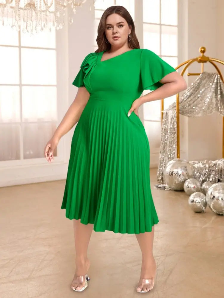DRESS A Line Pleated Dress Green Slash Neck Short Sleeve Ruffles