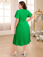 DRESS A Line Pleated Dress Green Slash Neck Short Sleeve Ruffles