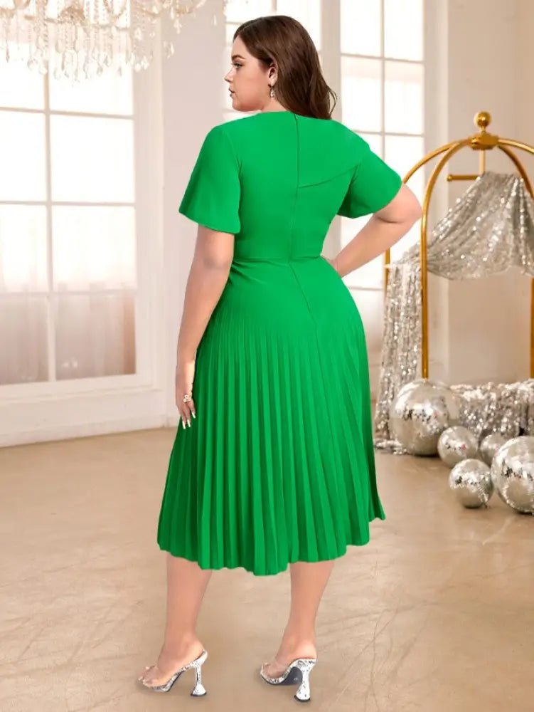 DRESS A Line Pleated Dress Green Slash Neck Short Sleeve Ruffles