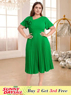 DRESS A Line Pleated Dress Green Slash Neck Short Sleeve Ruffles