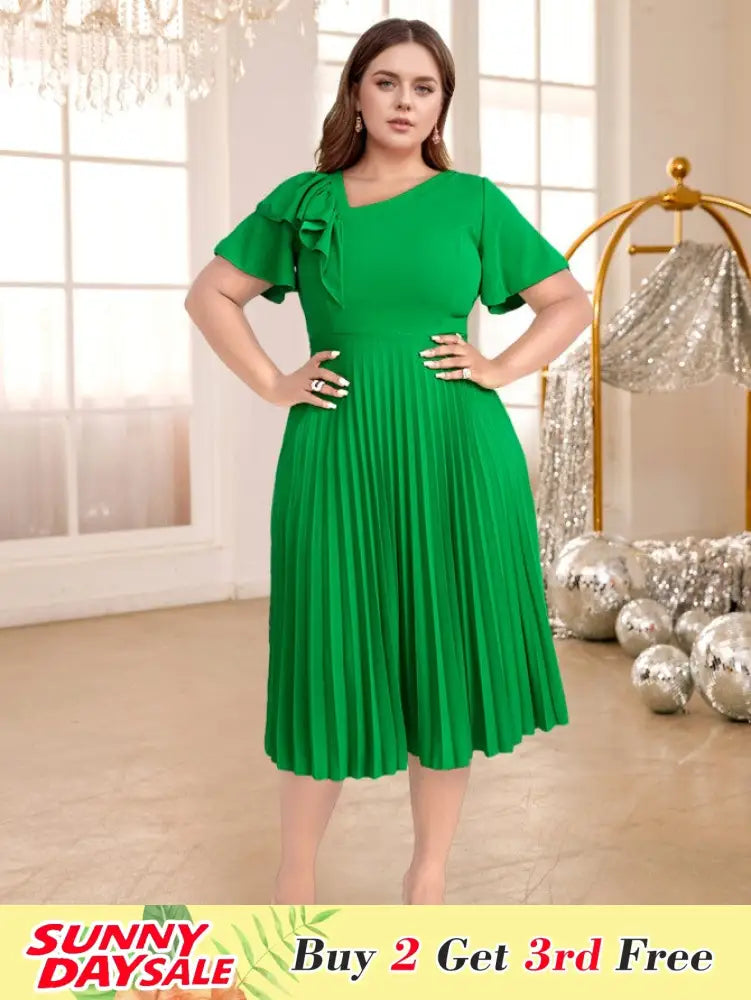 DRESS A Line Pleated Dress Green Slash Neck Short Sleeve Ruffles