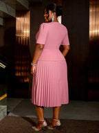 DRESS A-Line Pleated Office Dress V-Neck Short Sleeve Button Up