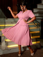 DRESS A-Line Pleated Office Dress V-Neck Short Sleeve Button Up