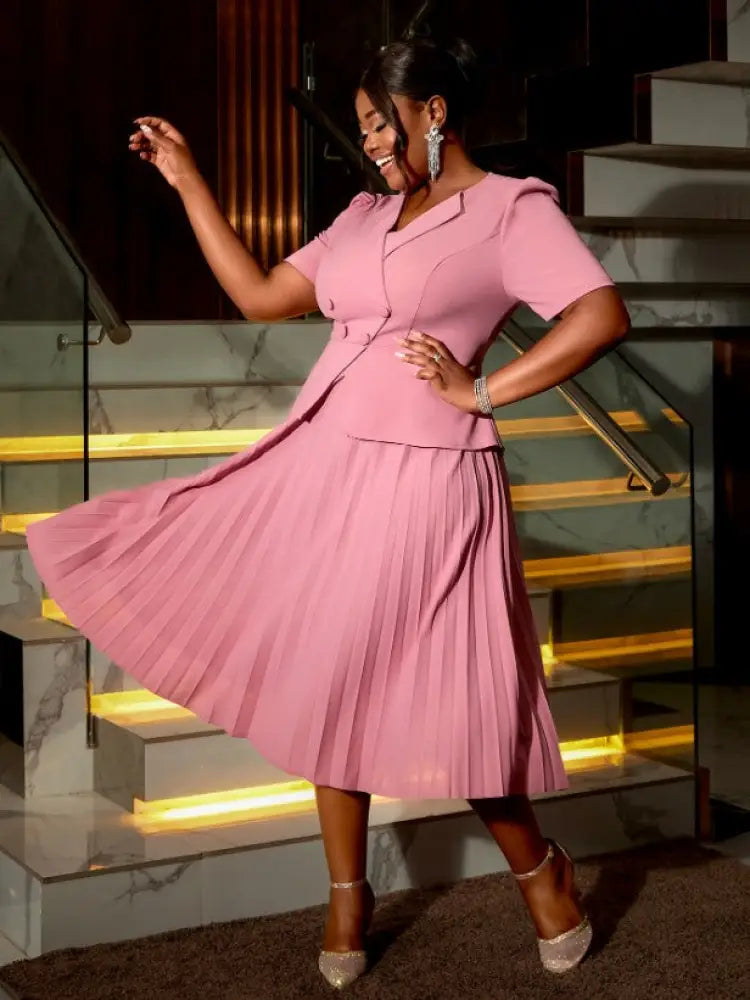 DRESS A-Line Pleated Office Dress V-Neck Short Sleeve Button Up