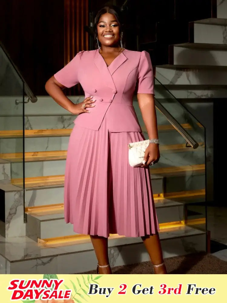 DRESS A-Line Pleated Office Dress V-Neck Short Sleeve Button Up