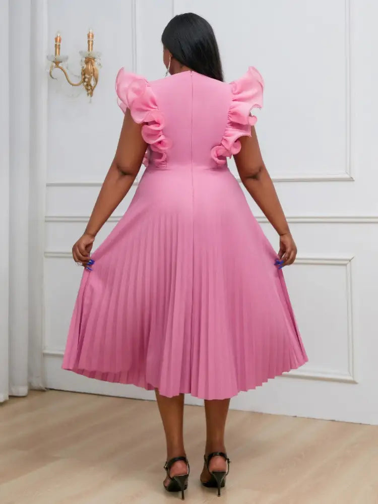 DRESS A Line Ruffles Pleated Bodycon Dress for Women Pink