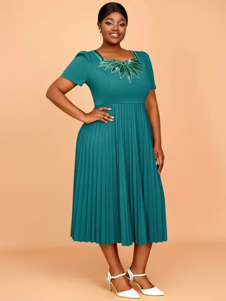 DRESS A Line Wedding Guest Dresses V Neck Embroidered Sequin Green