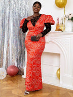 DRESS African Print Tea Party Dress Lace Patchwork Long Sleeve