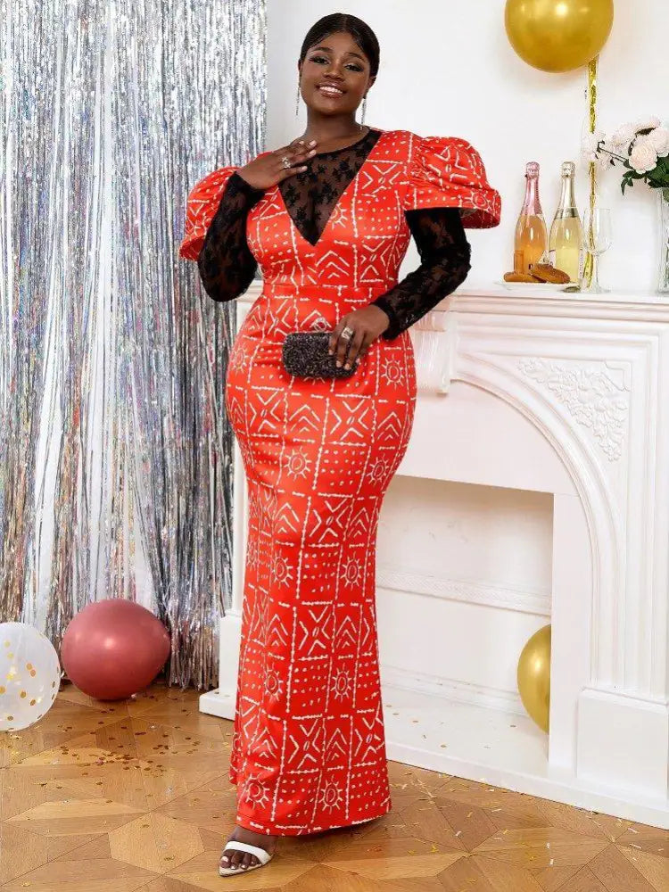 DRESS African Print Tea Party Dress Lace Patchwork Long Sleeve