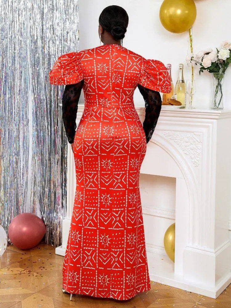 DRESS African Print Tea Party Dress Lace Patchwork Long Sleeve