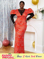 DRESS African Print Tea Party Dress Lace Patchwork Long Sleeve