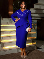 DRESS Asymmetric Split V Neck Dress Beaded Long Sleeve Ruffles