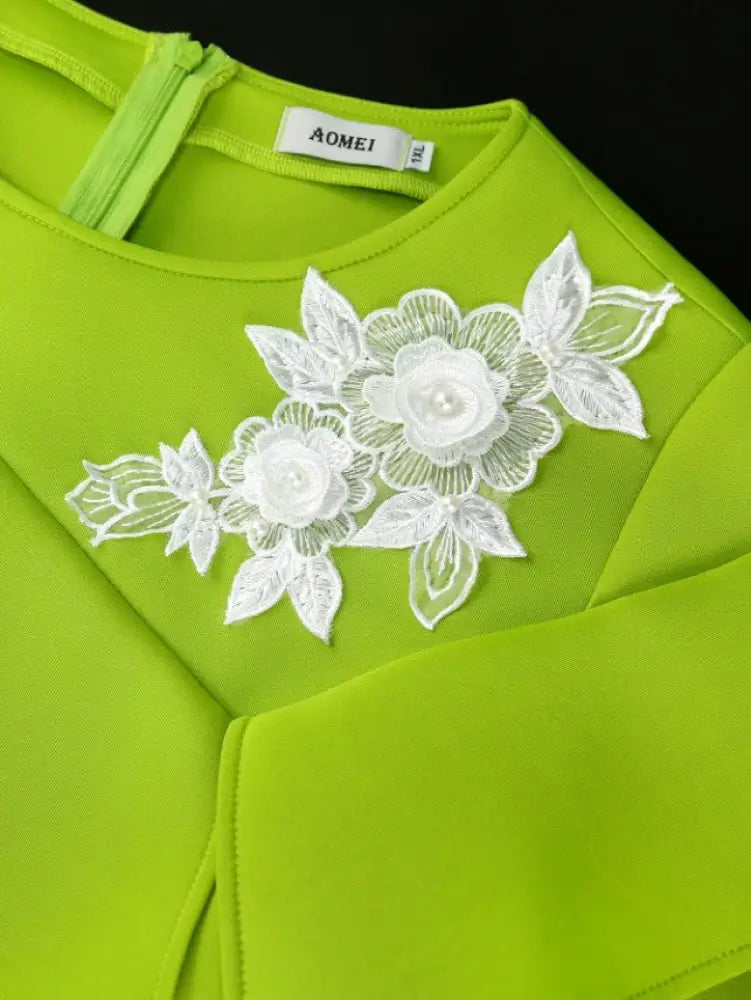 DRESS Asymmetrical Dress O Neck Appliques Long Sleeve Ruffles